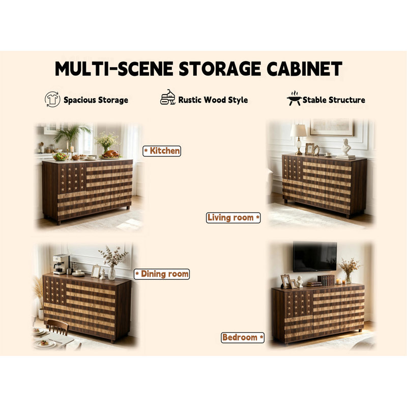 Buffet de 55 po avec rangement: armoire de rangement de cuisine sculptée à la main avec 2 tiroirs et 3 portes, console de bar avec tablettes réglables