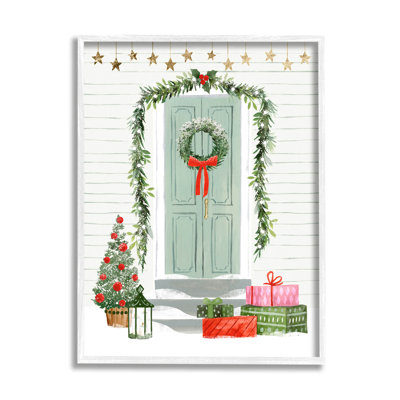 «Christmas Presents Wreath Doorstep» par Victoria Barnes - impression sur bois