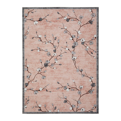 8x10 Area Rug for Living Room, Vintage Floral Rug, Washable Non Slip & Low Pile Carpet for Living Room, Bedroom, Dining Room, Pink