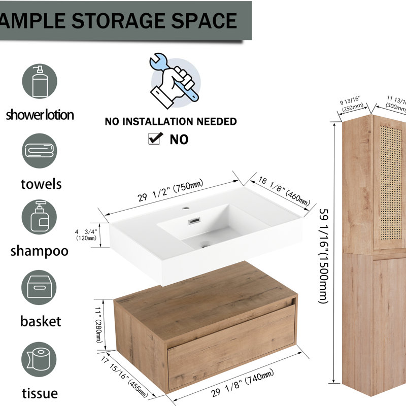 Meuble-lavabo de salle de bain contemporain avec armoire latérale - Option chic en résine et tiroir