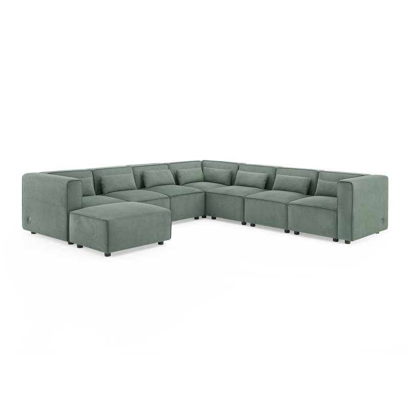 Quinterrious MINIMORE Modern Style 120" Wide Modular Corner Sectional with Ottoman and USB, Green Corduroy