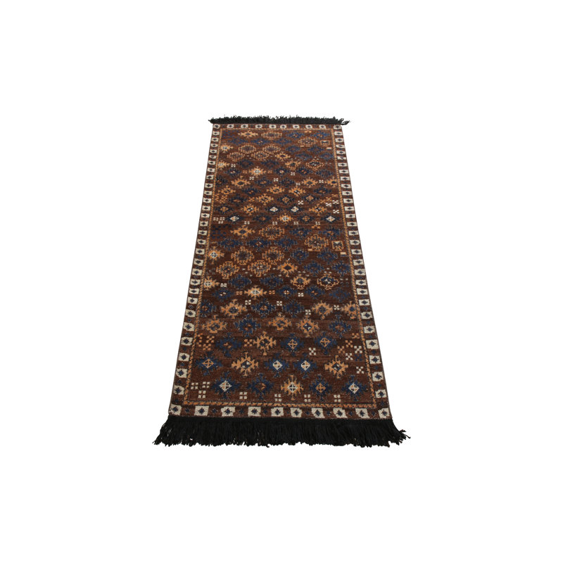 Rug & Kilim’S Tribal Rug In Beige-Brown And Blue Geometric Pattern, Runner 2'6" x 8'