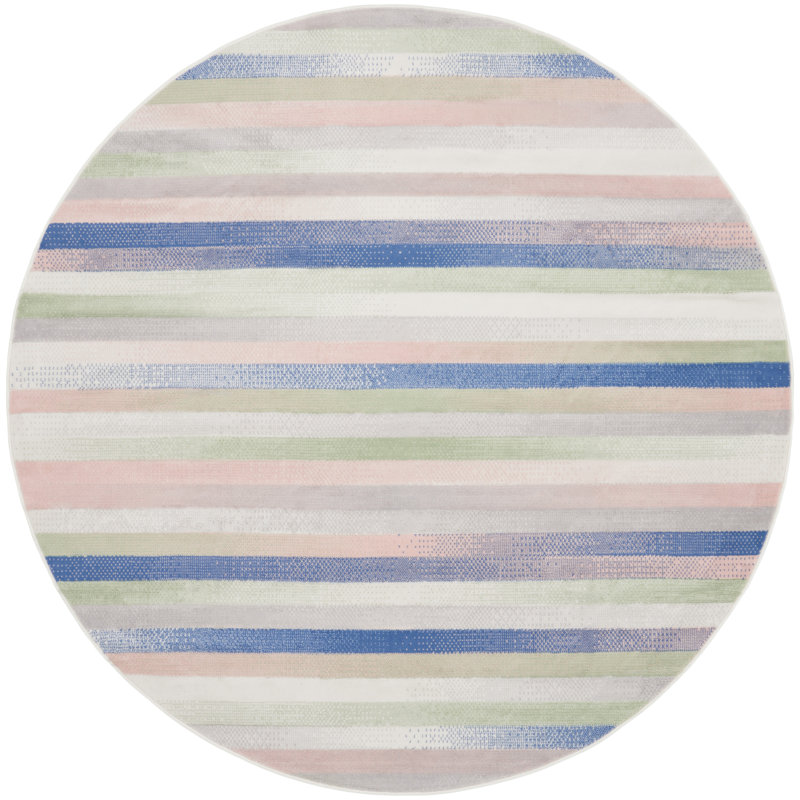 Bleu rayé/Ivoire/rose Tapis décoratif, Rond 5 pi