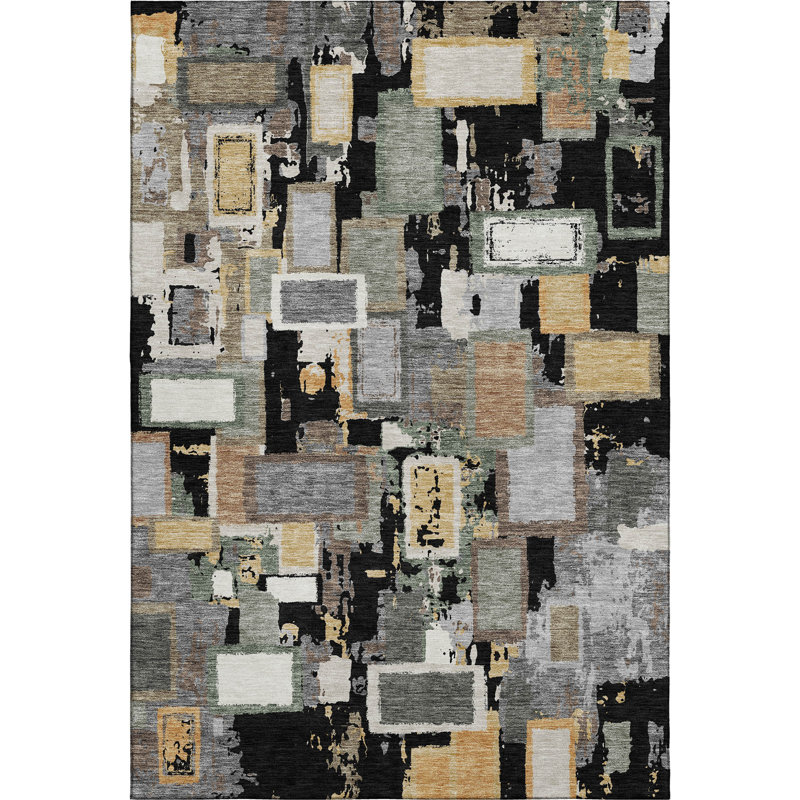 Premium Machine Washable Mayfield AMF2246 Geometric Rug, Black, 10' x 14'