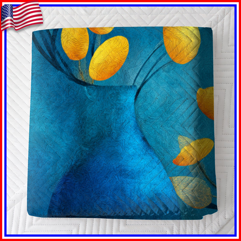 Couvre-lit matelassé tulipes jaunes sur fond bleu, Grand lit