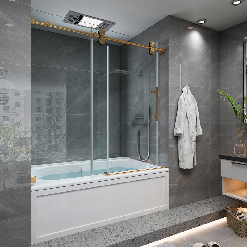 Porte de baignoire coulissante en verre trempé sans cadre l 60 po x H 66 po, Or