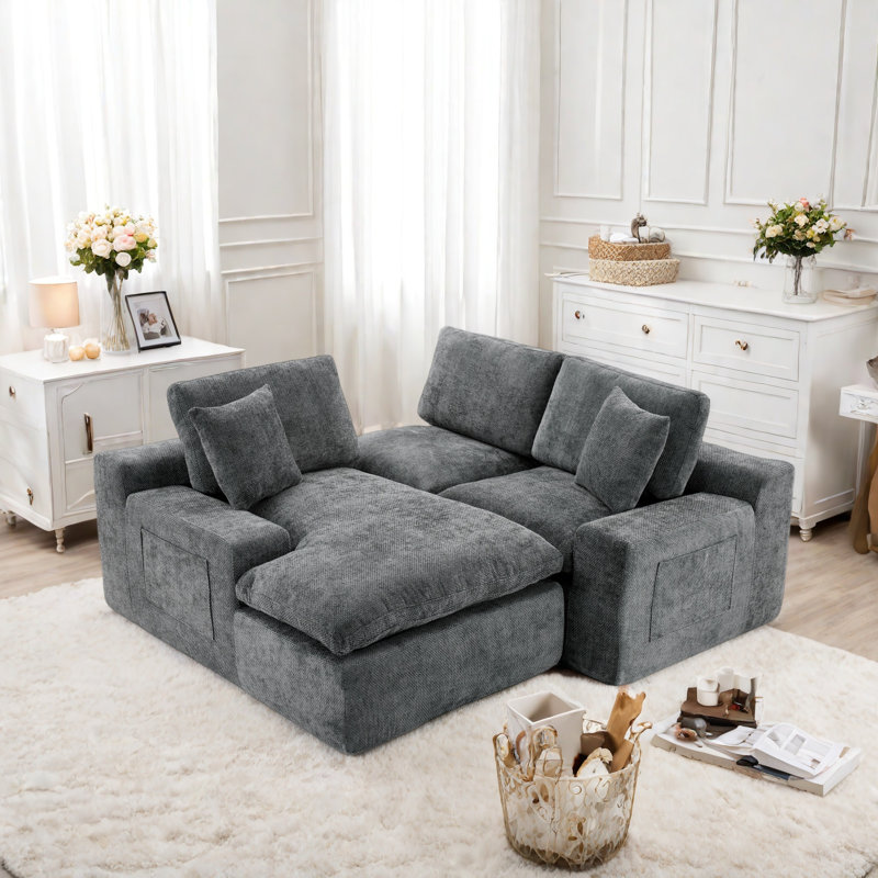 Free-combined Upholstered Sofa Couch With Double-layer Cushion, Side Pockets And Two Throw Pillows, Gray