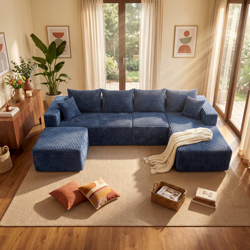 Canapé modulaire rembourré 4 pièces Kapellen, Bleu, Orienté à droite