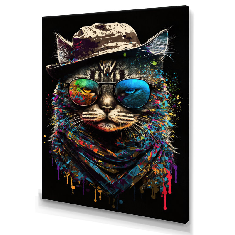 Chat bohémien avec lunettes de soleil III - reproduction sur toile, L 16 po x H 32 po, Toile tendue