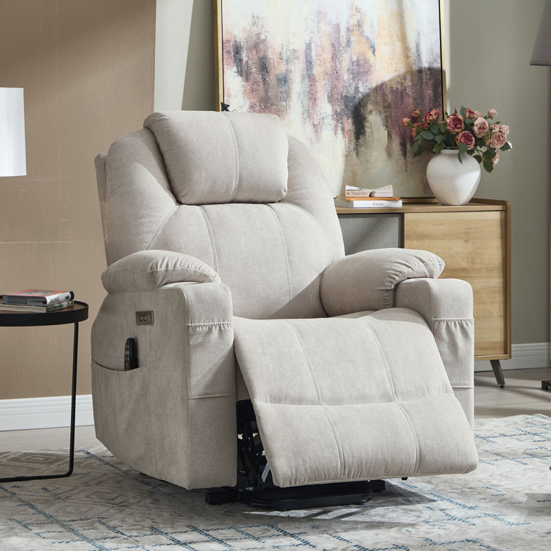 Aura 35" W Power Lift Recliner, Heated Massage, Stainless Steel Cup Holder, Thick Headrest, Beige