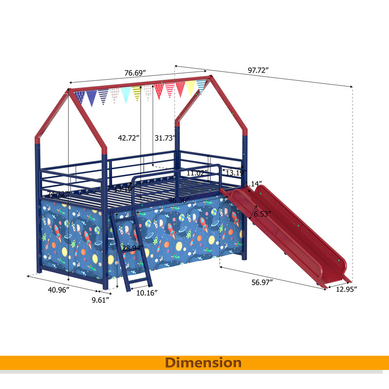 Metal Junior House Twin Loft Bed With Slide And Curtain Set, Super Hero, Red