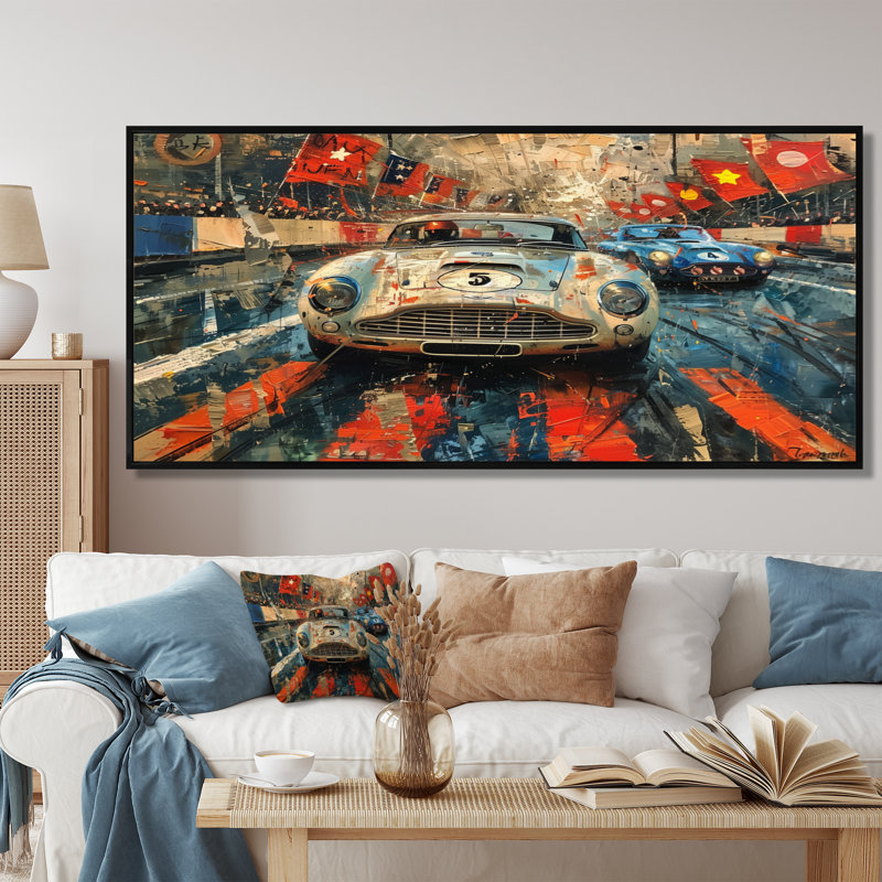 Décoration murale rétro d'une vieille voiture - Pistes de course, Toile avec cadre flottant noir
