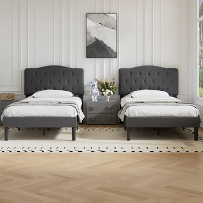 Twin Size Upholstered Bed with Adjustable Headboard, Twin Platform Bedframe Set of 2, Wooden Slats Support, No Box Spring Needed