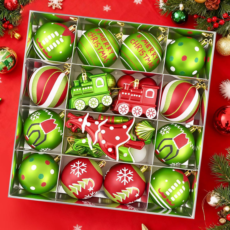 Ensemble de 44 ornements d'arbre de Noël - Boule d'elfe rouge et verte, décorations de Noël scintillantes et incassables pour les fêtes