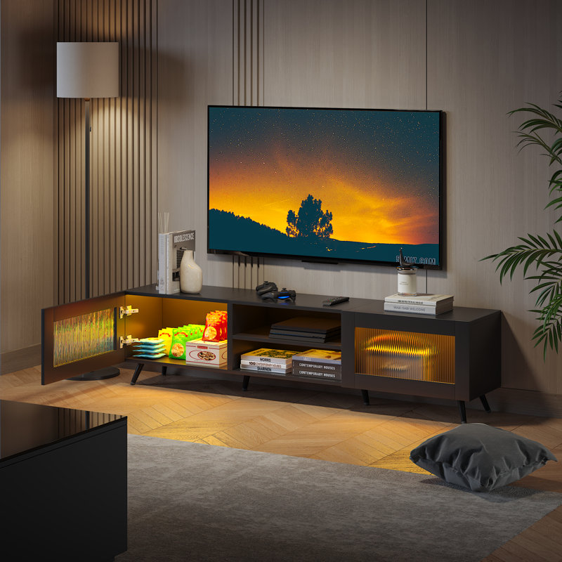 Modern Floating Tv Stand With Acrylic Cabinet Doors And Rgb Led Lighting, Wall-Mounted Media Console With Storage Shelves For Living Room Or Bedroom