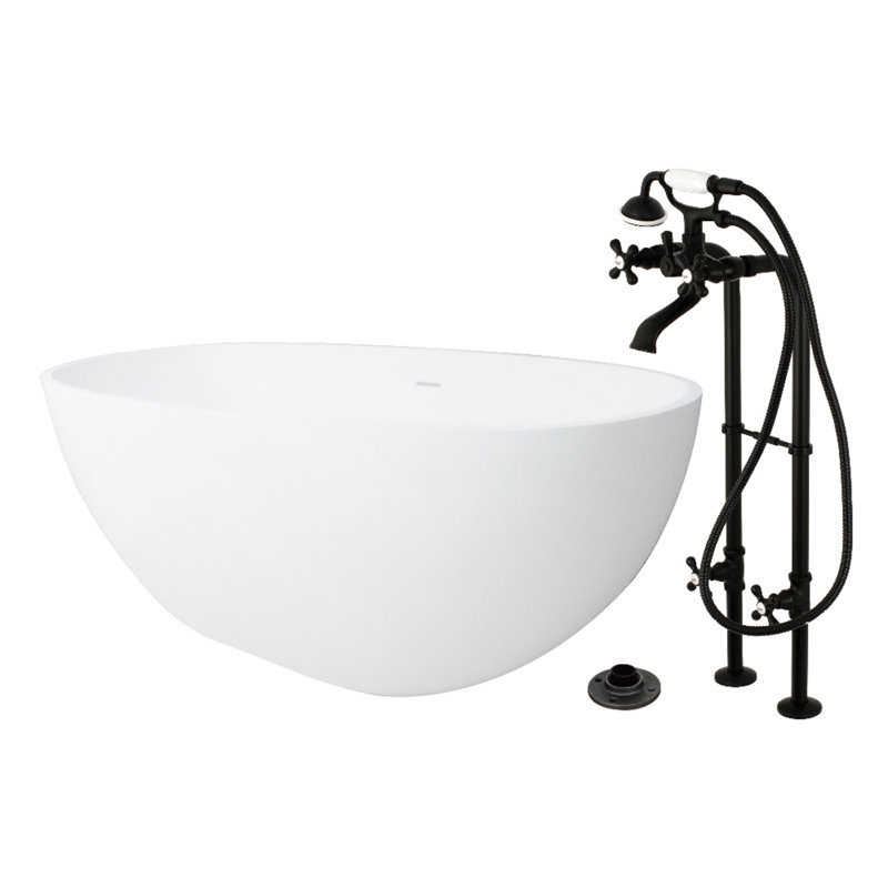 Kingston Arcticstone 65-Inch Solid Surface Oval Double Ended Freestanding Tub With Faucet Combo And Drain, Matte Black