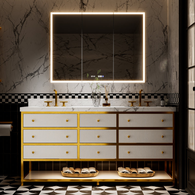 72" Double Sink Freestanding Bathroom Vanity Set In White, Solid Wood Waterproof Base & White Marble Top, Soft-Close Drawers + Built-In Night LED, With 48" W X 36" H Frameless LED Medicine Cabinet (Anti-Fog, 3000K–6000K Dimmable, USB/Outlet, Clock & Temp