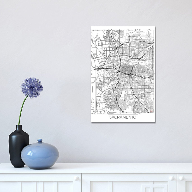 Sacramento Minimal Urban Blueprint Map 1 Piece Wrapped Canvas Wall Art, 30.48 cm H x 45.72 cm W