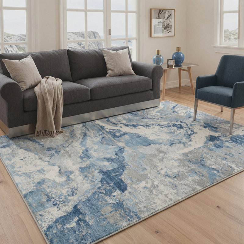 Patericia Aura Abstract Machine Washable Blue / Grey / Beige Indoor Area Rug with Non-Slip Backing, Rectangle 5' x 7'