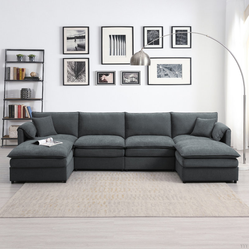 Canapé modulaire en chenille avec coussins doubles, Gris foncé