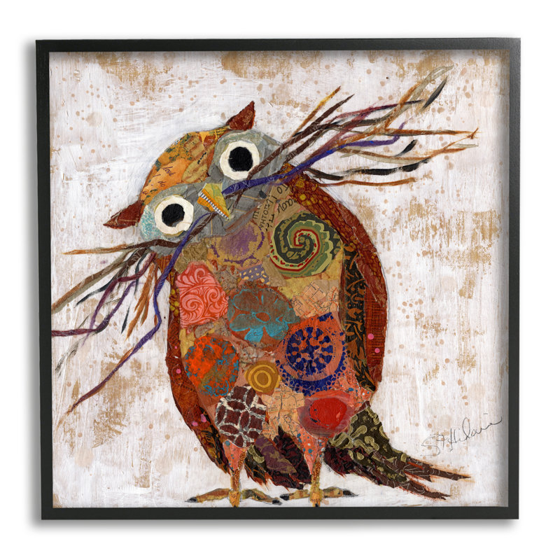 " Patterned Owl Collage ", Giclée encadrée noir minuit, H 12 po x l 12 po x P 1,5 po