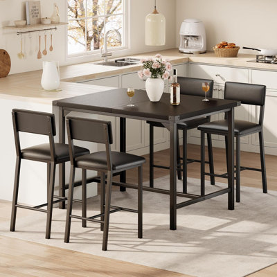 5-Piece Dining Table Set W/Footrest & Backrest, Bar Table Set with 4 Upholstered Chairs, Bar Table and Chairs Set with Corner Protector, for Pub, Dining Room