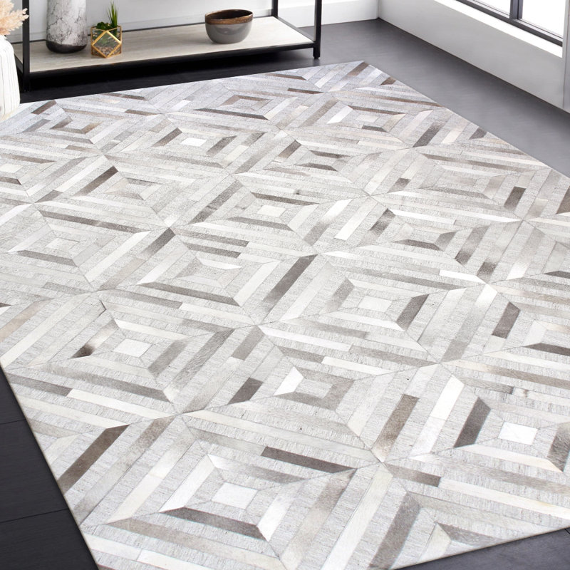 Galaxy Hand Stitched Cowhide Silver Area Rug, Rectangle 5' x 8'