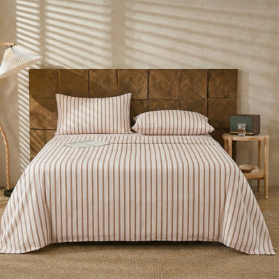 100% Cotton Sheet Set Full Size - Beige and Terracotta Striped Bedding, Soft Breathable Percale Weave, Deep Pocket Fitted Sheet 17.5", Luxury & Silky Soft Sheet Set for All Seasons