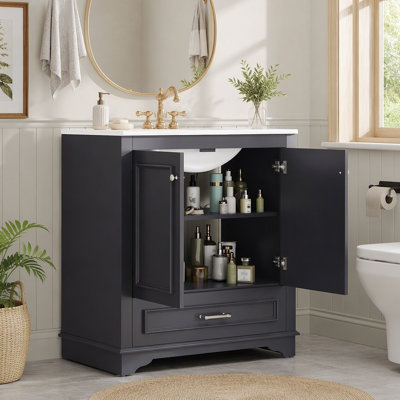 Meuble-lavabo de luxe 30 po avec lavabo en céramique, meuble-lavabo avec 2 grandes portes à fermeture douce, meuble de rangement en bois massif