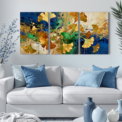 Abstract Ginkgo Leaves Canvas Wrapped Wall Art Oil Painting Print Set of 3 Modern Home Decor for Living Room Bedroom or Office
