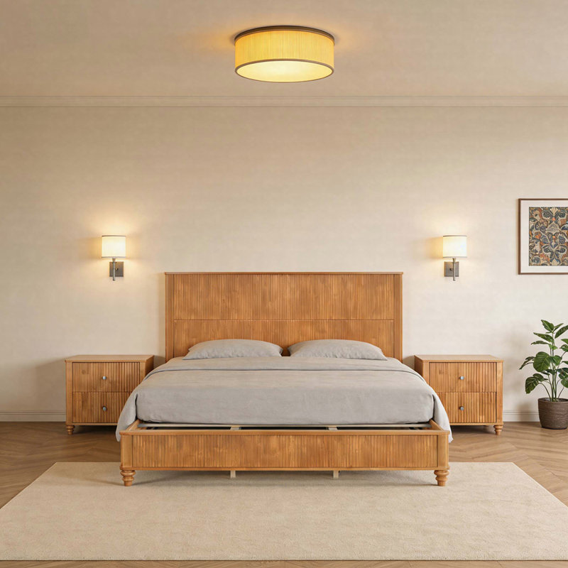 Ensemble de chambre à coucher 3 pièces avec grand lit plateforme et 2 tables de chevet cannelées Kernie, Natural, Grand