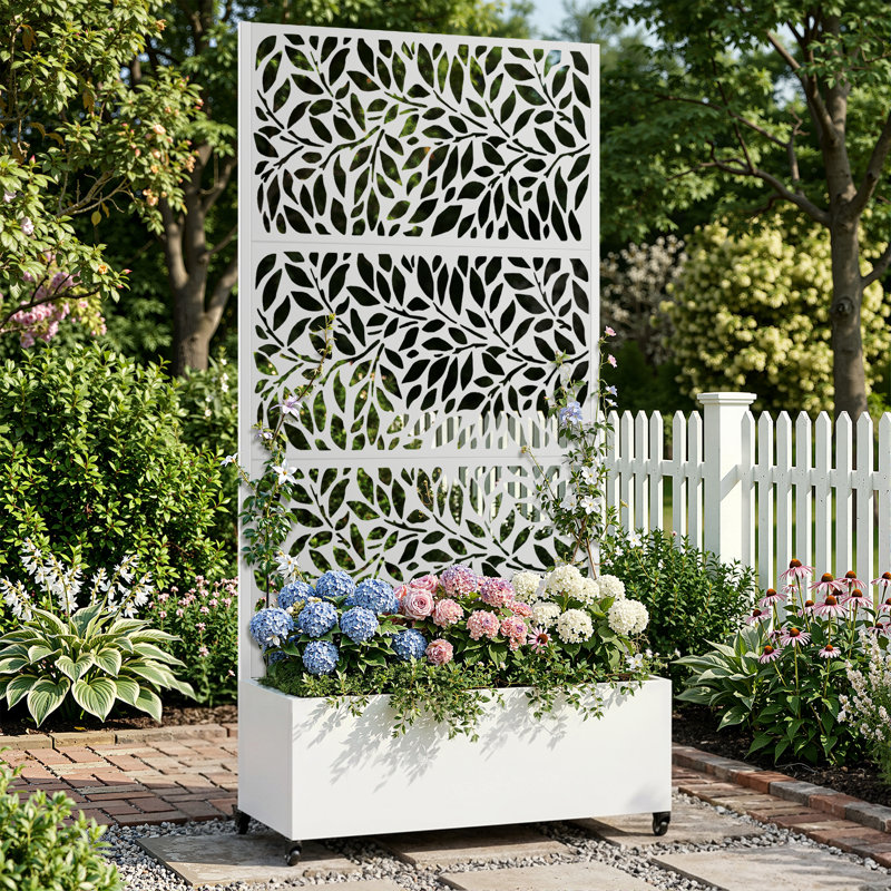 Metal Planter Wall with Trellis and Wheels, Mobile Outdoor Elevated Garden Bed, Dual-Purpose for Privacy Decoration and Planting, with Drainage Holes, for Climbing Plants, Vegetables, and Vining Flowers 