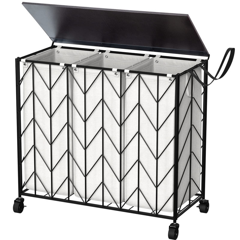 3-Section Laundry Hamper Sorter With Retractable Hanging Rod & Storage Shelf - 65.3" Clothes Drying Rack With Lockable Wheels For Heavy Duty Laundry Room Organization