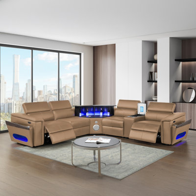 Smart Lounge Power Reclining Sectional Sofa with Built-In Fridge Console, Cup Holders, USB & Wireless Charging