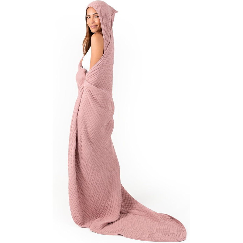Comfy Cubs Adult Hooded Towel And Wearable Blanket - Large 58'' X 58'', Soft, Absorbent, And Stylish Dual-Function Muslin Towel Hoodie For Bath, Relaxation, And Everyday Use - Mauve