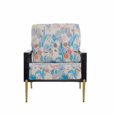 Fauteuil d'appoint floral, fauteuil en velours avec structure en bois massif et tissu d'ameublement pour le salon avec pieds en métal pour la lecture
