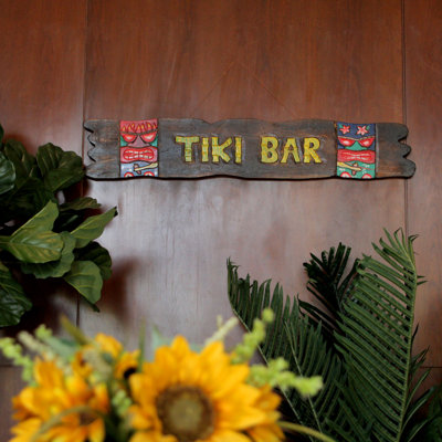 39-Inch Long Hand-Carved and Hand-Painted Wooden Tiki Bar Wall Hanging Sign
