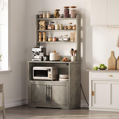 Étagère de boulanger de ferme avec prises de courant et armoire - Support pour micro-ondes, garde-manger et bar à café
