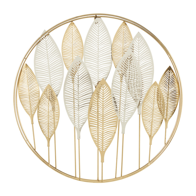 Metal Metallic Leaf Gold Wall Decor with Circular Frame and Silver Accents