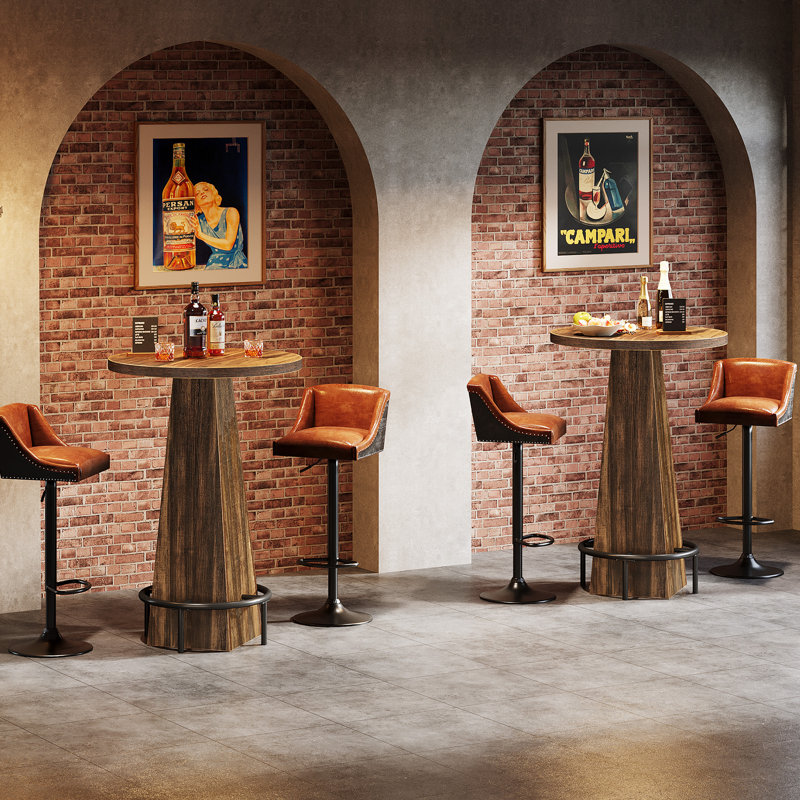 Grande table de salle à manger ronde 37,4 po, petite table de bar avec repose-pieds (ensemble de 2), Brun