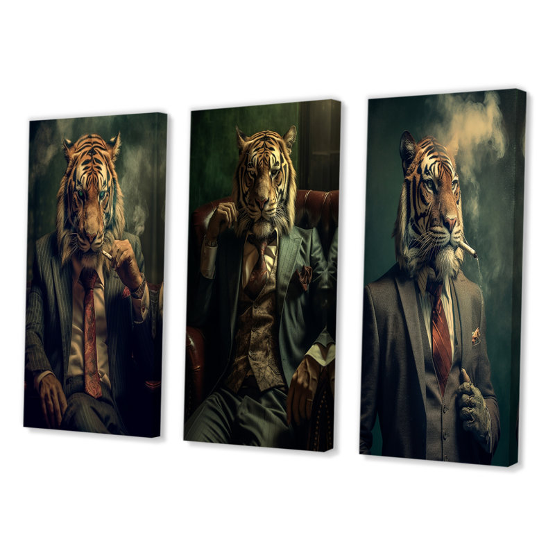 «Stylish Lion In suit smoking», 3 pièces sur toile, Toile tendue, H 32 po x l 48 po
