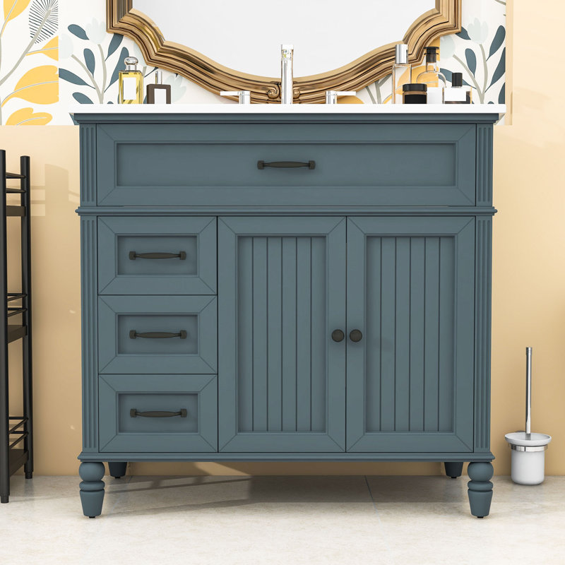 Bathroom Vanity with Ceramic Sink, 2 Drawers and Soft-Close Doors