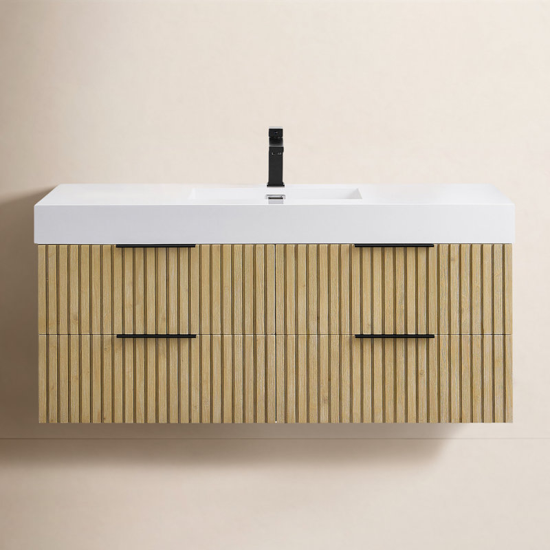 Meuble-lavabo mural simple Livia de 48 po avec lavabo encastré blanc en imitation bois, sans miroir.