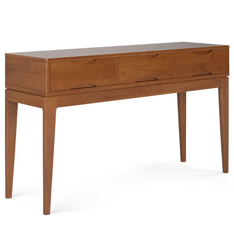 Harper 54"W Solid Wood Mid-Century Modern Sofa Table with 3 Drawers, Notched Handles and Tapered Legs, Teak Brown