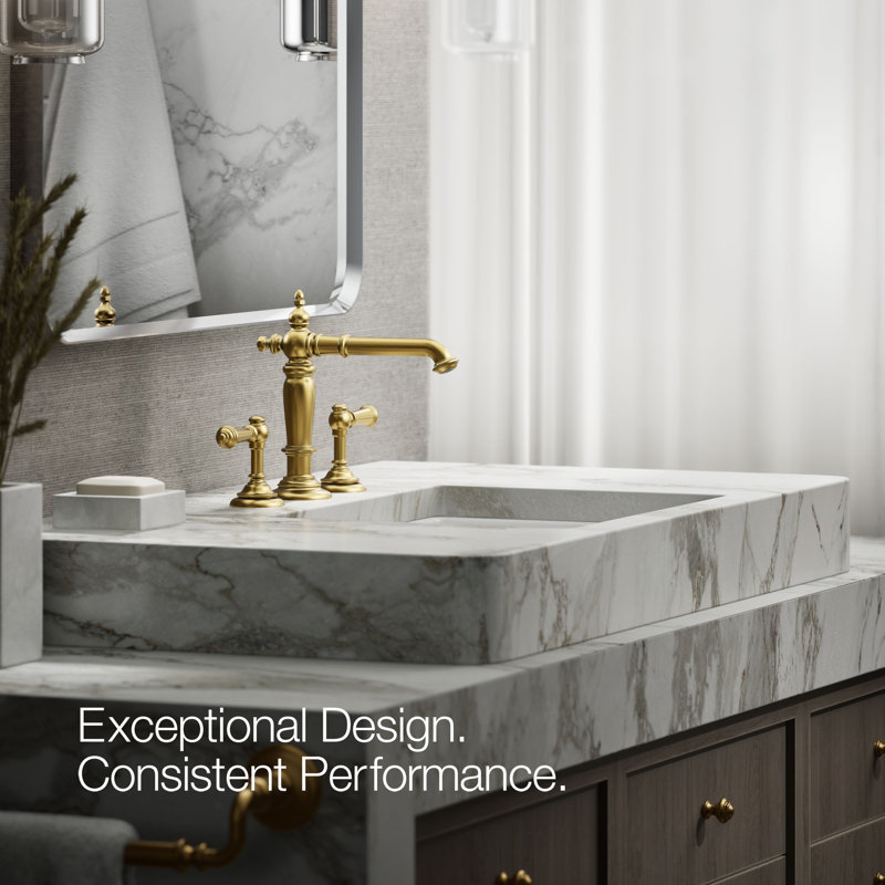 Artifacts® Widespread Bathroom Faucet with Drain Assembly, Vibrant Brushed Moderne Brass