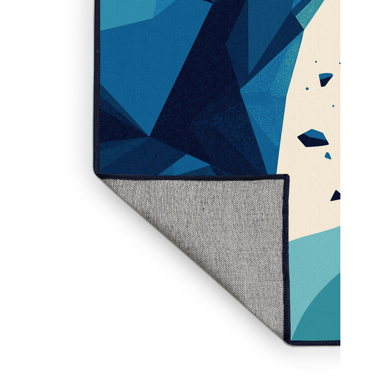 Machine Washable Pegah Modern & Contemporary Geometric Rug in Blue – Navy Binding, 6' Square