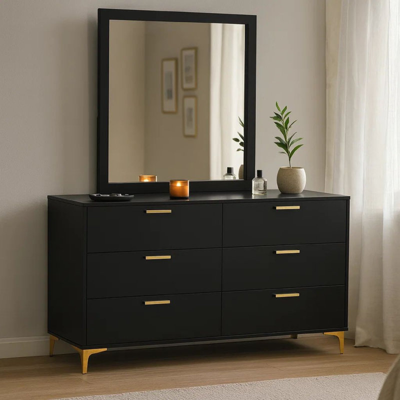 Commode large Dle avec miroir, pieds dorés, finition noire moderne, Noir