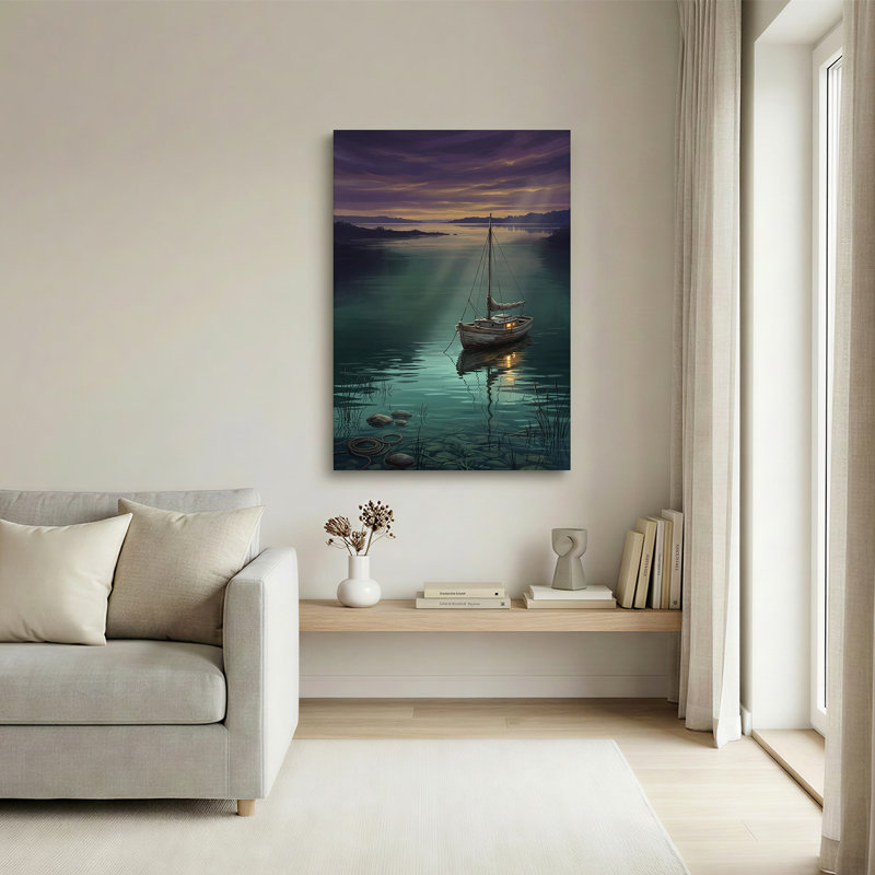 Voile en bois patiné sur toile d'eau calme, H 24 po x l 16 po