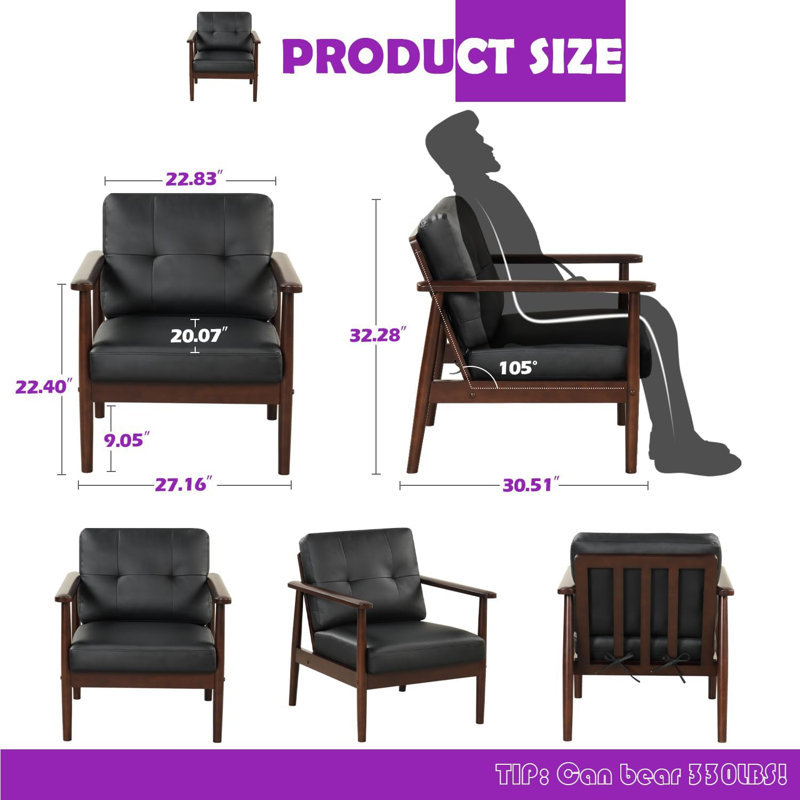 Fauteuil capitonné large de 27,16 po Jionny, Similicuir noir
