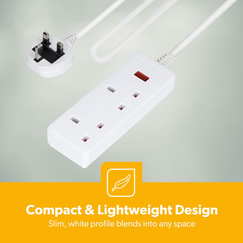 GEEPAS 2 Gang Extension Lead, 1M Cable | 2-Way Plug Extension Cable With Neon Indicator Light | Wall Mountable & Multi Socket Mains Strip For Home Bedroom Office | Heavy Duty UK Plug | White